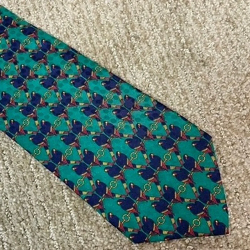 Paul Fredrick Silk Tie Mens Teal Green Parrot Bird‎ Italy Fabric Maximalist Bold